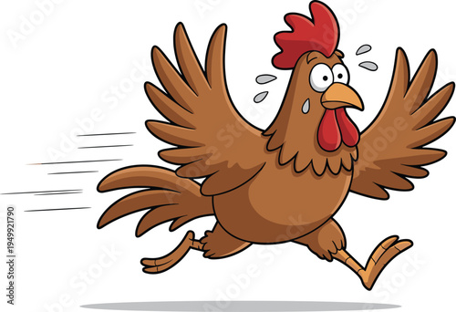 Funny running chicken cartoon character, scared farm bird escaping fast, humorous animal action vector illustration design