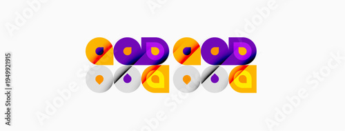 Colorful graphic design features repeating circular patterns. Text OD appears multiple times using purple, orange, gray tones. Minimalist aesthetic.