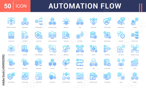 Automation Flow Icon Set. workflow automation, build pipeLine Gradient, test automation, continuous testing, deployment and more. Line Gradient Style vector icons collection.
