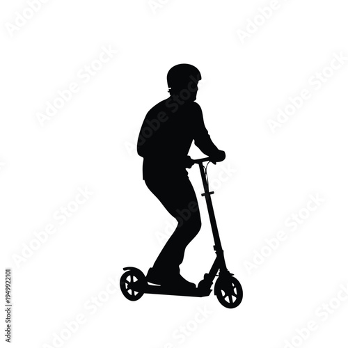 Man riding electric kick scooter silhouette profile on white surface