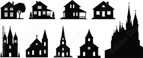 House and church silhouette collection, building skyline icons, residential homes and religious architecture, black vector illustration set