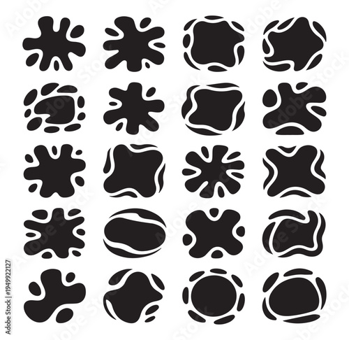 Collection of various black ink splatter shapes isolated on white background for design