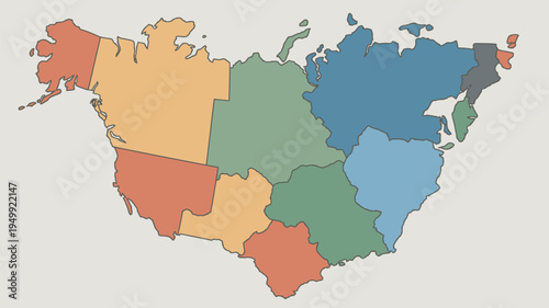 A colorful map of North America showing different countries and regions