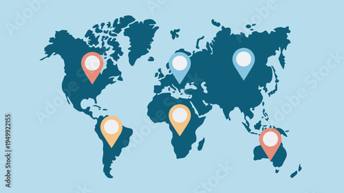 A world map with several location markers indicating global destinations and travel routes.