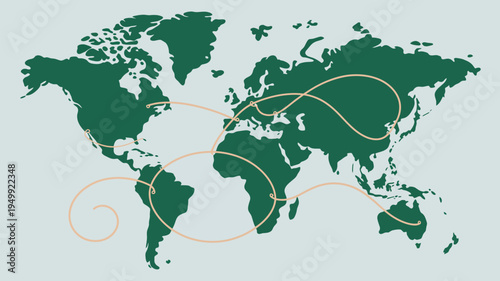 A green world map with orange lines connecting various countries and continents on a light green background