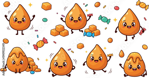 Cute Caramel Drop Cartoon Character Set Featuring Happy Sweet Candy Mascots with Toffee Cubes, Dripping Syrup, and Colorful Sweets Vector Illustration