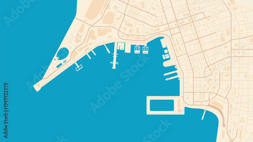 Aerial view of a coastal city with a marina and waterfront area