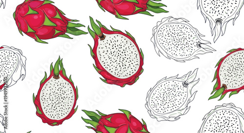 Vibrant Dragon Fruit Pattern: Whole and Sliced Exotic Tropical Fruit
