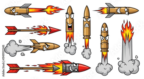 Cartoon Rockets, Missiles, and Bullets with Angry Faces