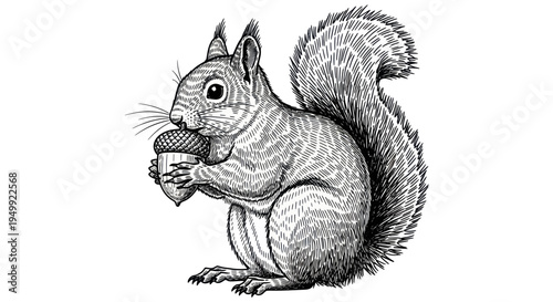 Detailed Ink Drawing of a Squirrel Holding an Acorn