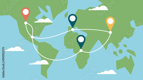 A colorful illustration of a world map with multiple location markers and a route path