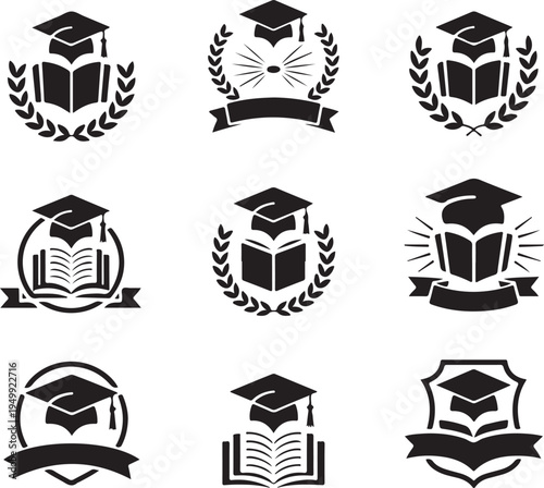 Academic emblems featuring graduation caps books and laurel wreaths symbolizing education and achievement