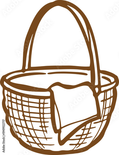 Woven picnic basket with folded cloth line drawing