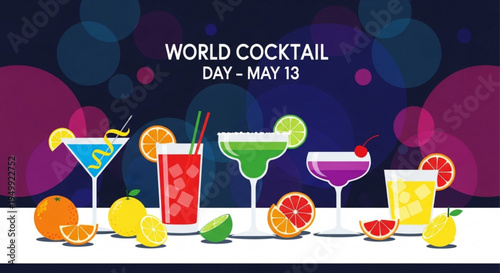 Colorful cocktails with fruits on a bar for world cocktail day on may 13 celebration