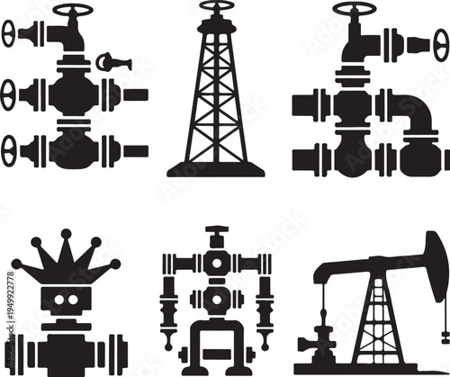 Oil industry equipment including pump jack and drilling rig silhouette