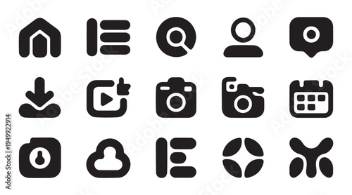 Collection of various black icons on a pure white background for design