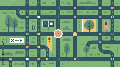 A vibrant and colorful illustration of a map with roads, trees, and various icons.