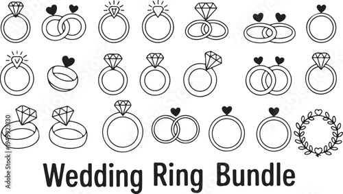 Assortment of wedding ring icons and symbols including diamonds hearts and intertwined bands for love