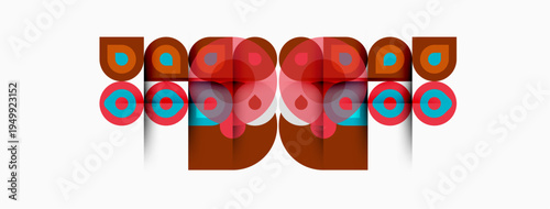 Abstract graphic design features repeating shapes. Red, brown, pink hues dominate composition. Minimalist style, geometric patterns present.