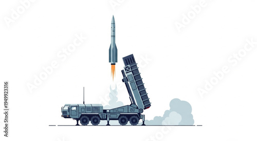 Mobile Missile Launcher Launching Rocket with Smoke Trail.
