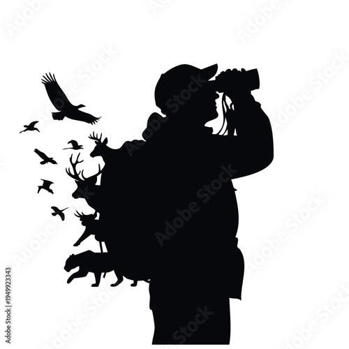 Man with binoculars observing various animals and birds in nature silhouette