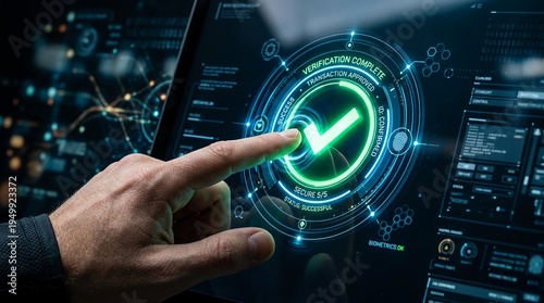 Digital verification process with a glowing checkmark confirming success on a futuristic digital interface, emphasizing secure and efficient transaction completion