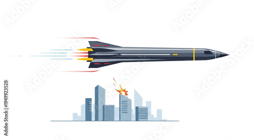 Rocket Flying Over City with Explosion, Vector Illustration.