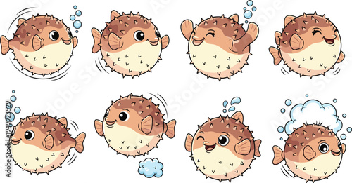 Cute Puffer Fish Cartoon Character Set Featuring Adorable Blowfish with Bubbles, Inflating Expressions, and Ocean Sea Life Elements in Kawaii Vector Style