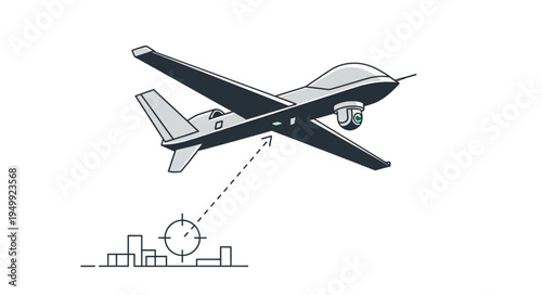 Illustration of a drone targeting a city skyline with precision.