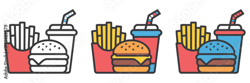 Fast food multiple icon set, vector illustrations of burgers, fries, pizza, hot dogs, drinks, and snacks for restaurant menus