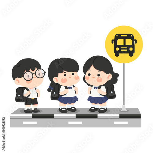 Children Students Waiting at Bus Stop