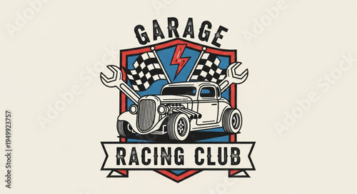 Vintage Garage Racing Club Emblem with Classic Car and Checkered Flags.