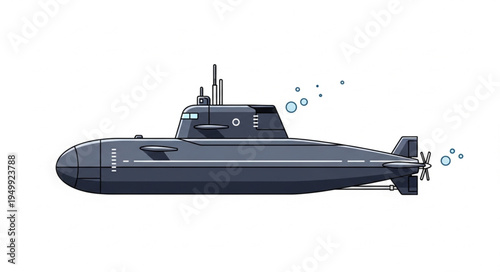 Detailed Illustration of a Submarine Navigating Underwater with Bubble Trails.