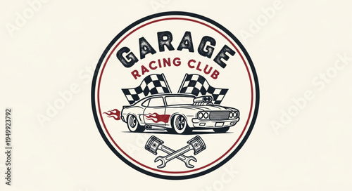 Garage Racing Club Logo with Classic Car and Checkered Flags.