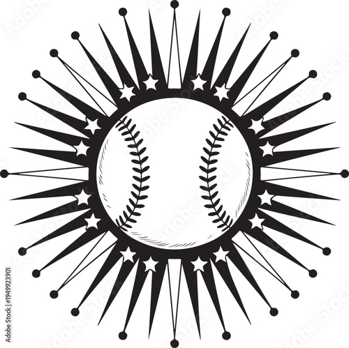 Baseball emblem radiating energy, black and white circular design with stars and sharp points, athletic sports symbol.