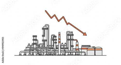 Industrial decline illustration with a downward trending arrow.
