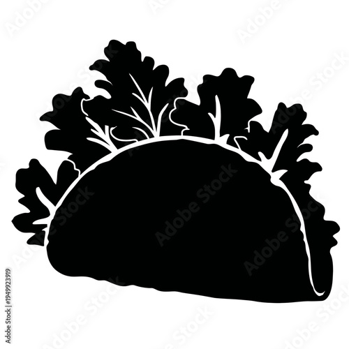 Black and white illustration of a delicious taco with lettuce filling.