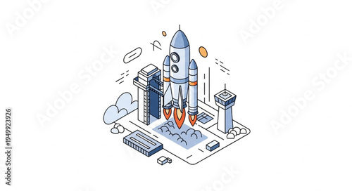 Isometric Rocket Launch Illustration - Space Exploration and Technological Advancement.
