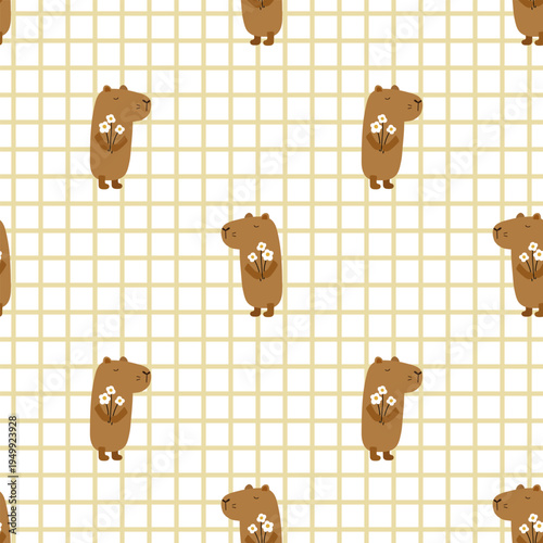 Seamless funny pattern with capybara and bouquet of white flowers