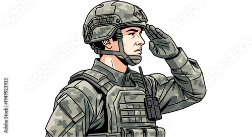 Illustration of a Soldier Saluting with Full Military Gear.