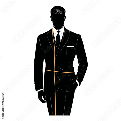 Elegant silhouette of a man in a tailored suit with measuring lines.