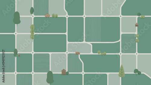 An aerial view of a rural landscape with roads and fields