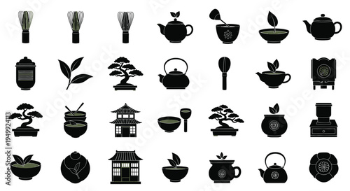 Japanese tea ceremony icons teapots whisks bonsai and more silhouette
