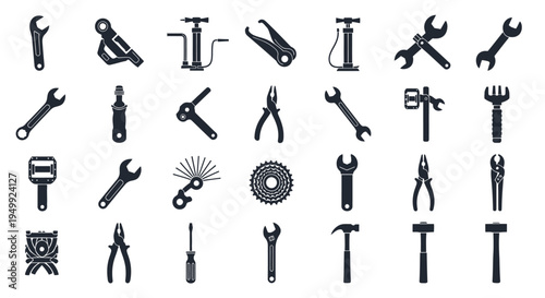 Collection of various hand tools depicted in dark silhouette high quality