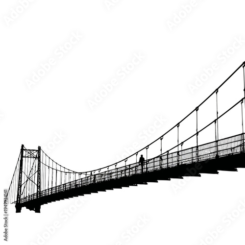 Silhouette of a person walking across a suspension bridge against white background.