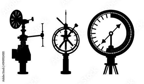 Wind gauge set with solid black silhouette and clean outlines featuring wind gauge, anemometer, weather station symbol with black and white and white background