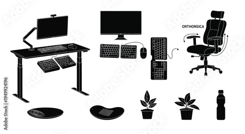 Modern office setup with desk chair and accessories black silhouette