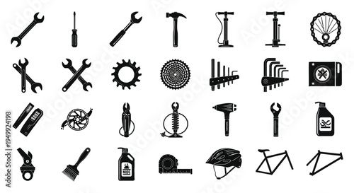 Assortment of bicycle tools and parts in a stark black silhouette