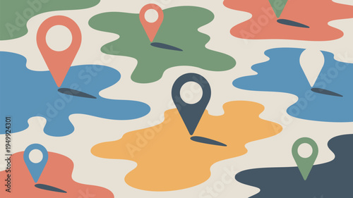 A colorful illustration of various map markers on abstract geographic shapes