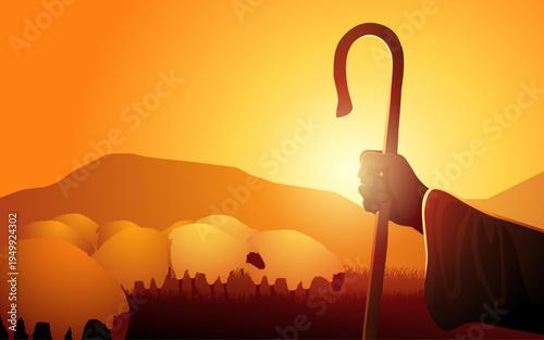 Biblical silhouette series, Jesus the Good Shepherd with sheep flock at sunset, Psalm 23 Christian illustration